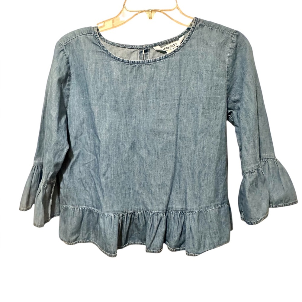 Dizzy Lizzy Chambray Denim Color Bell Sleeve Babydoll Crop Top - Size Medium